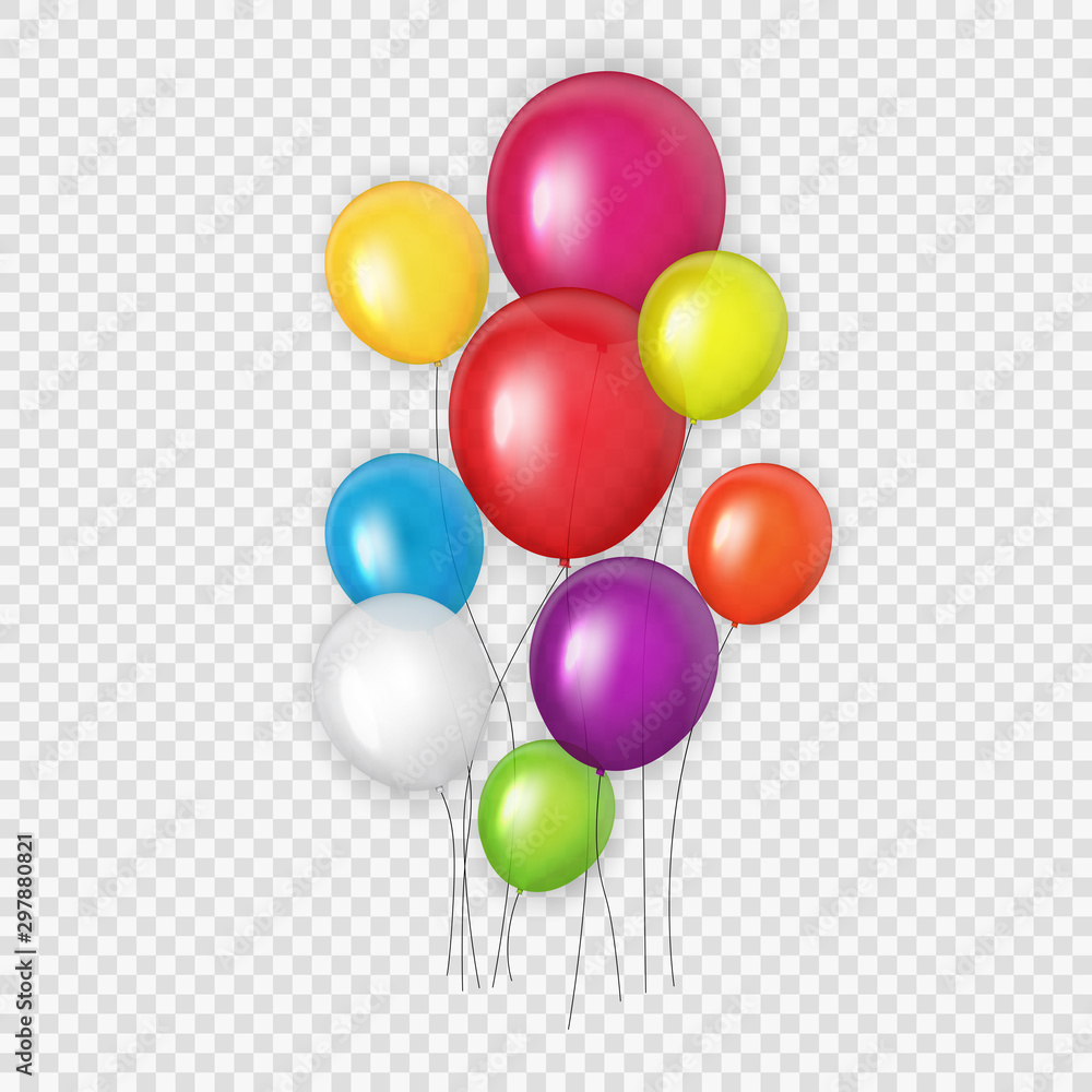 Group of Colour Glossy Helium Balloons Background. Set of  Balloons for Birthday, Anniversary, Celeb