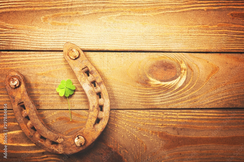 Metal horseshoe and cowboy hat on wooden table