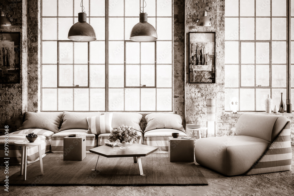 Industrial Luxury Loft with Furniture (B&W) - 3d visualization