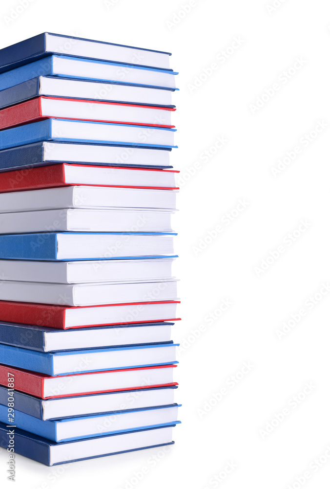 Stack of books on white background