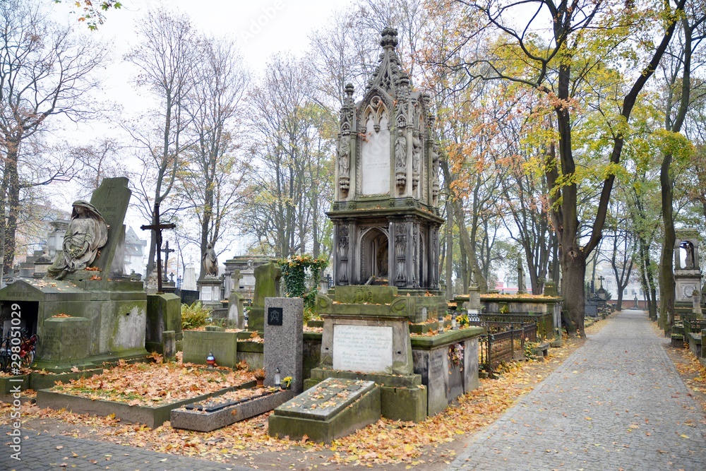 Tombstones and trees at the old cemetery.