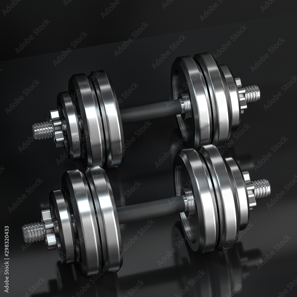 Dumbbells with black background, fitness theme, 3d rendeirng.