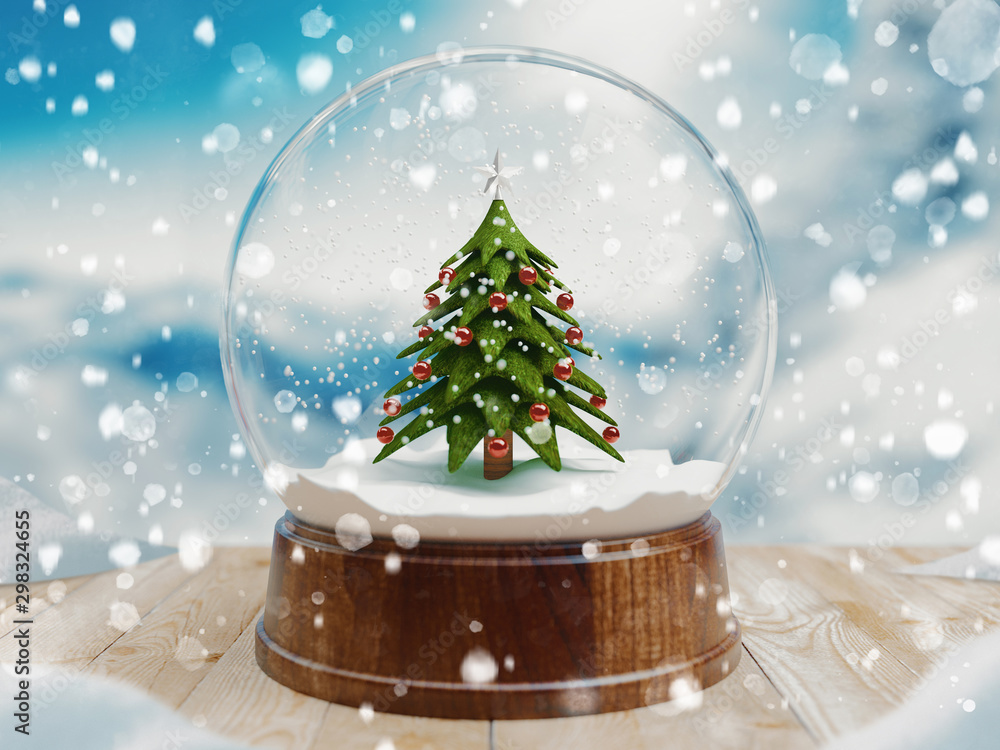 Beautiful snow ball or snowglobe with snowfall and Christmas tree inside. 3d rendering