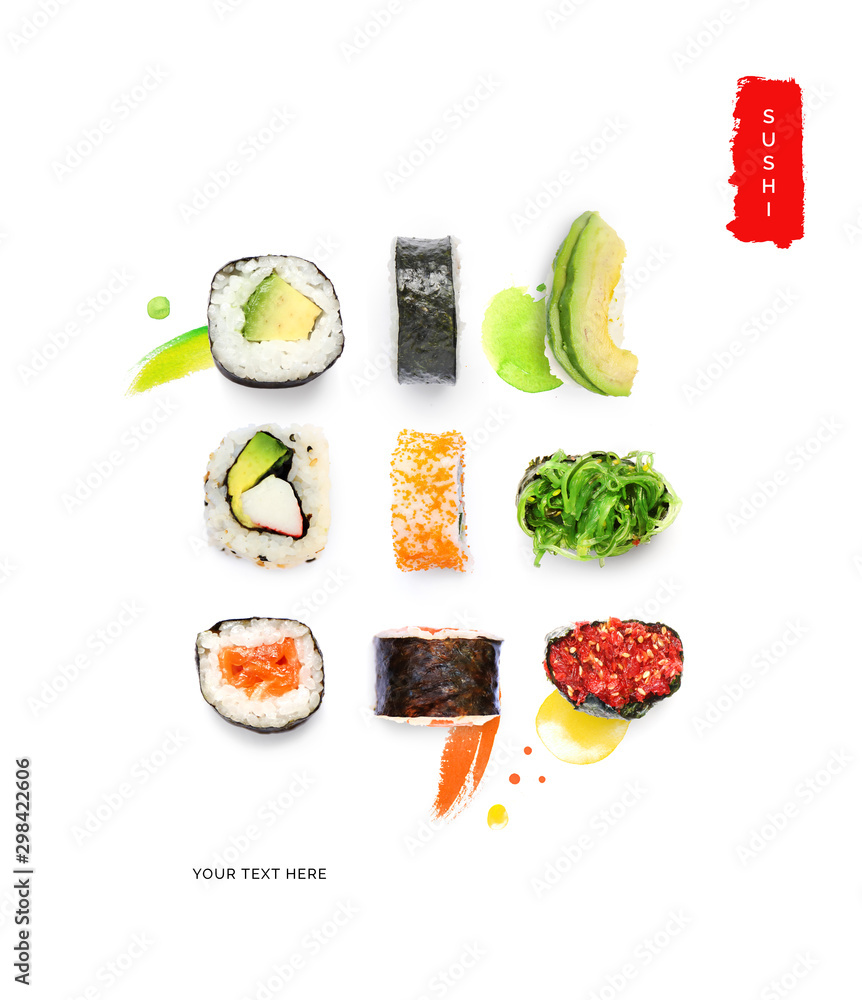 Creative layout made of sushi on the watercolor background. Flat lay. Food concept.