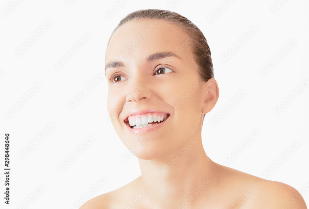 Healthy woman teeth and smile. Isolated over white background. Dental clinic.