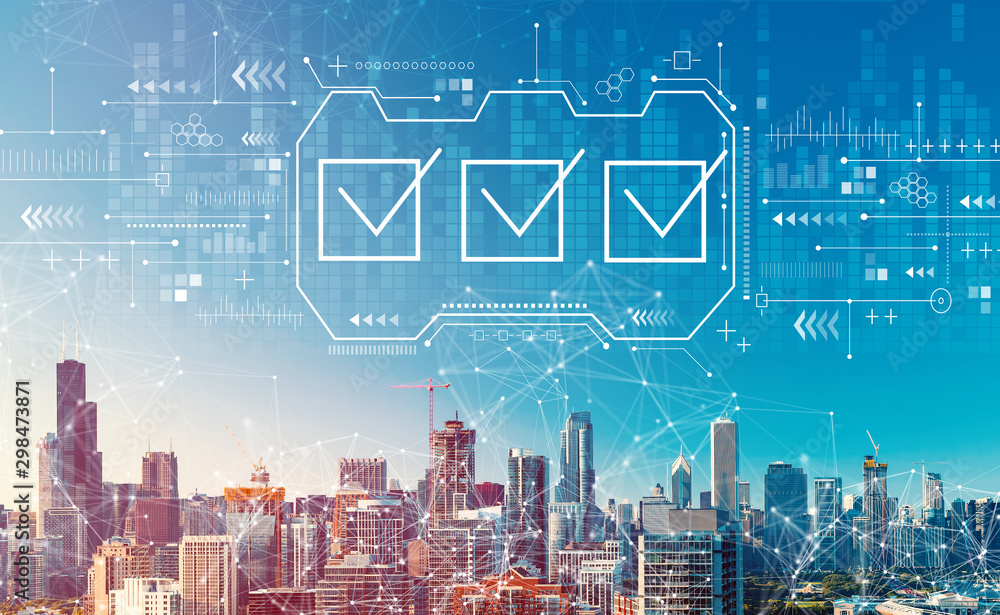 Checklist concept with downtown Chicago cityscape skyscrapers