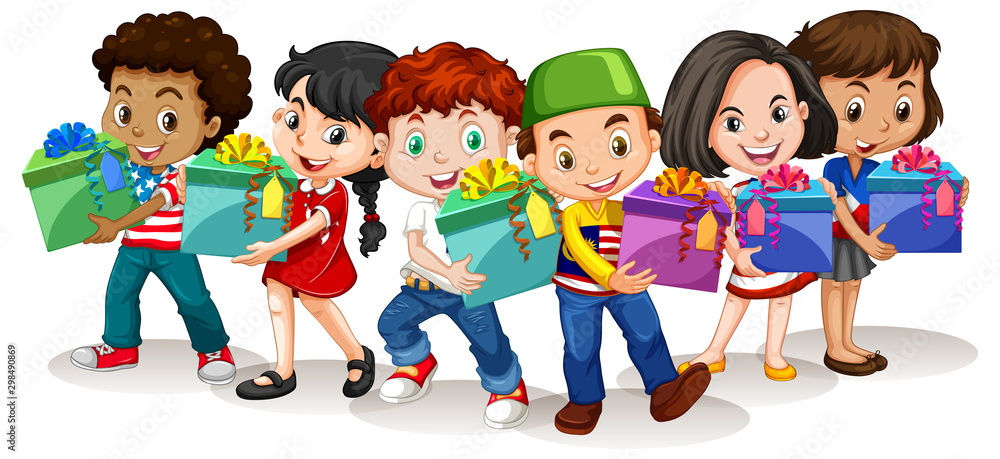 Happy children holding present box