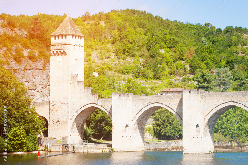 Mountain, Lot river and Valentre bridge in Cahor