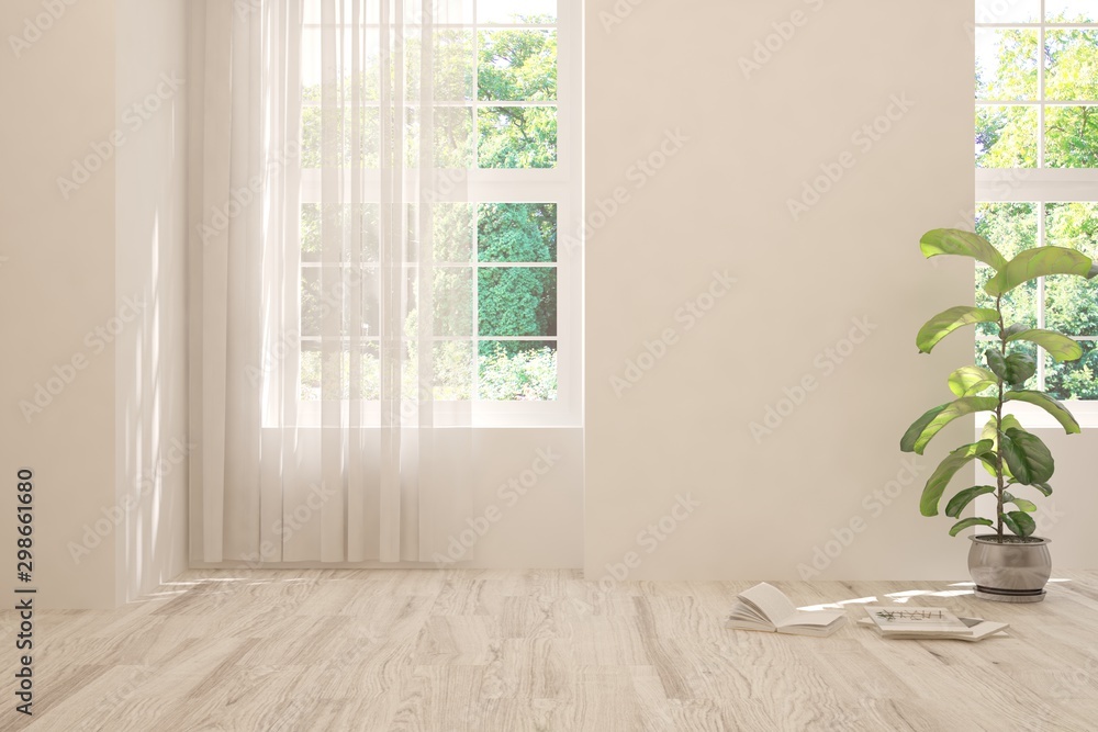 Stylish room in white color with sofa and summer landscape in window. Scandinavian interior design. 