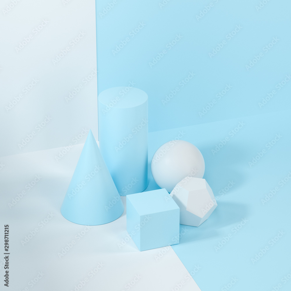 Still life presentation of geometric objects, 3d rendering.