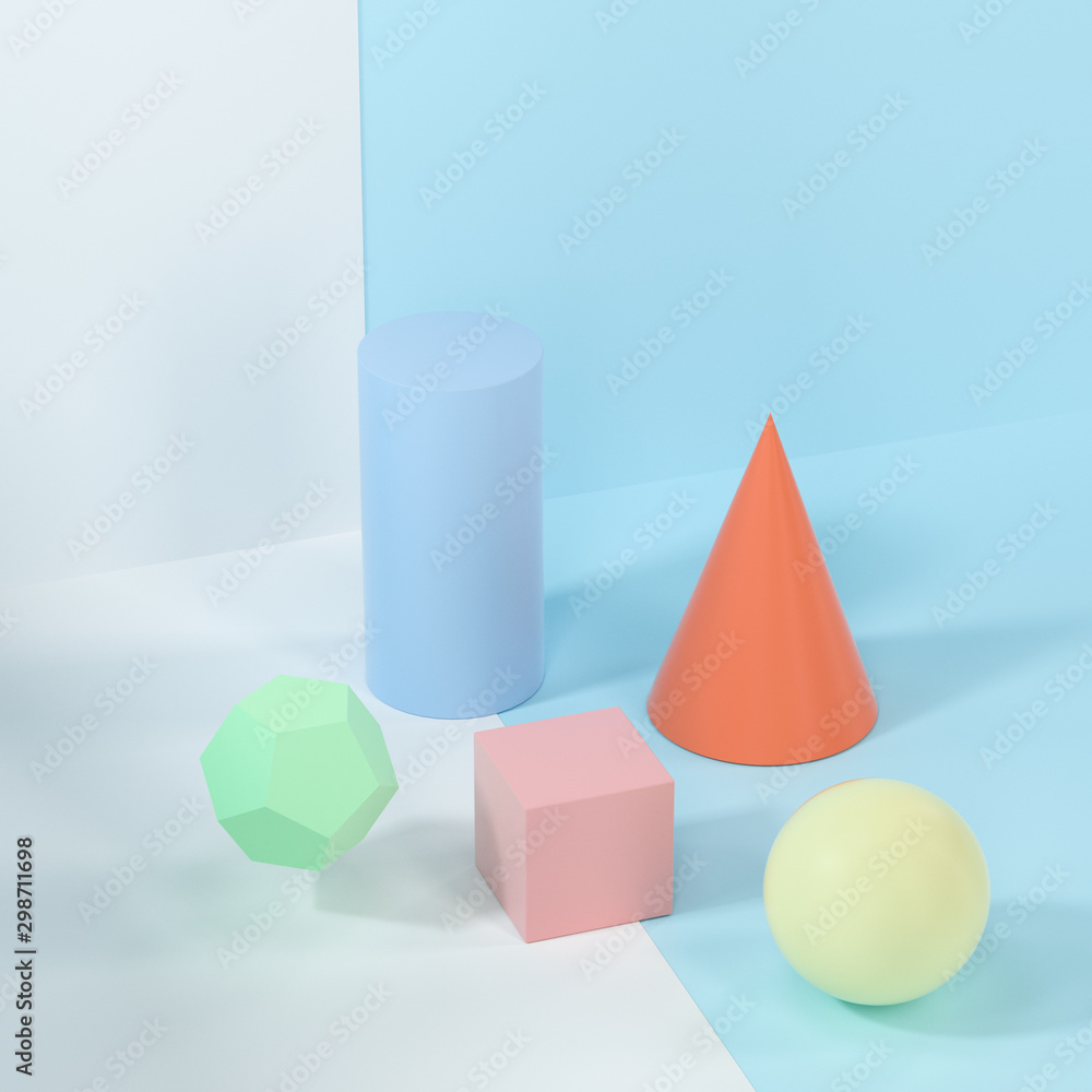 Still life presentation of geometric objects, 3d rendering.