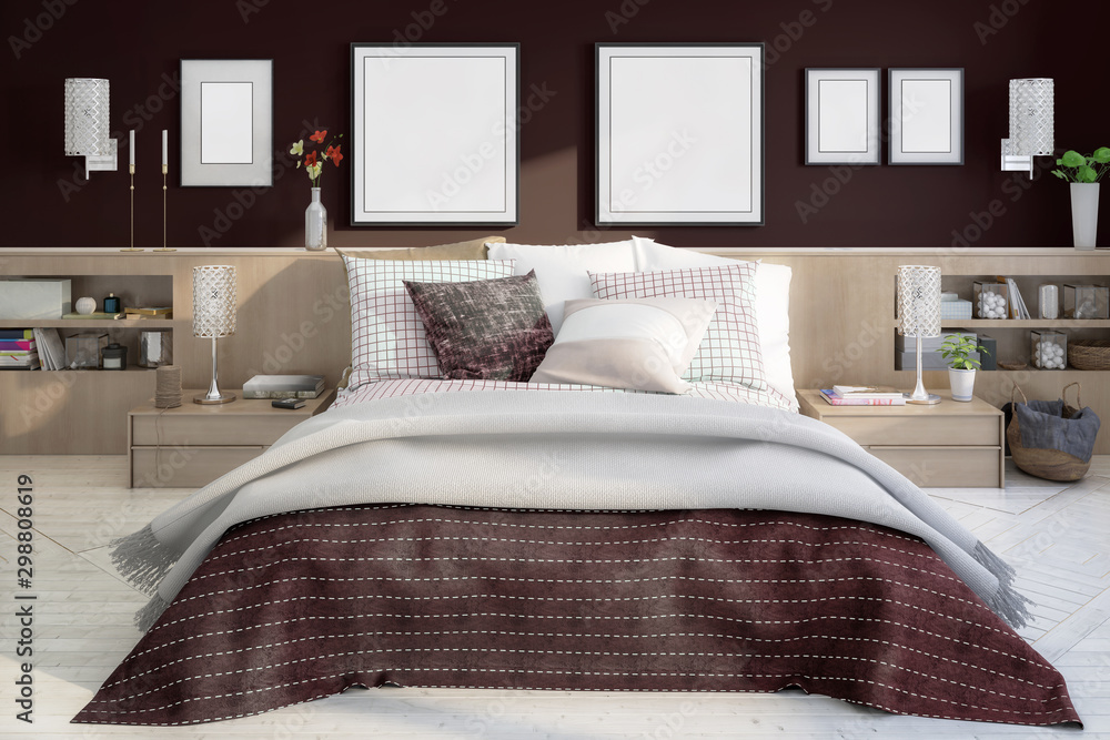 Elegant bedroom interior with template frames - 3d illustration