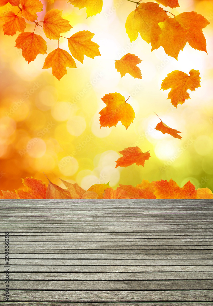 Wood texture and autumn leaves