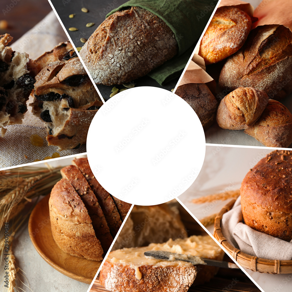 Collage of photos with fresh bakery products and space for text