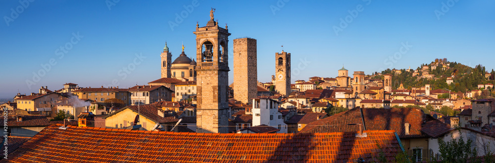 Beautiful architecture of the Citta Alta in Bergamo at sunrise, Italy