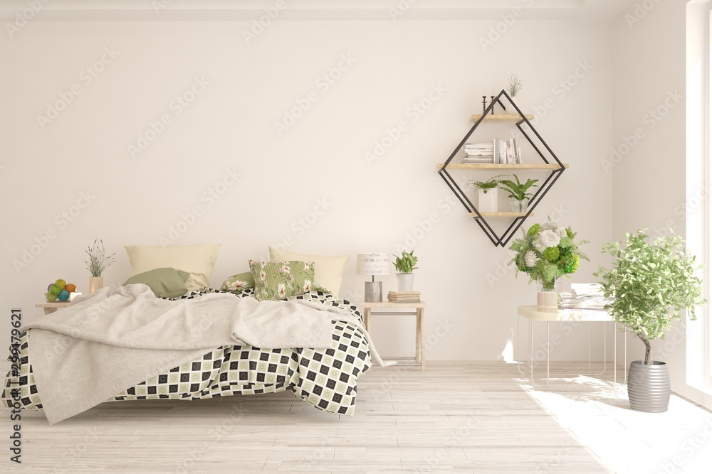 Stylish bedroom in white color. Scandinavian interior design. 3D illustration