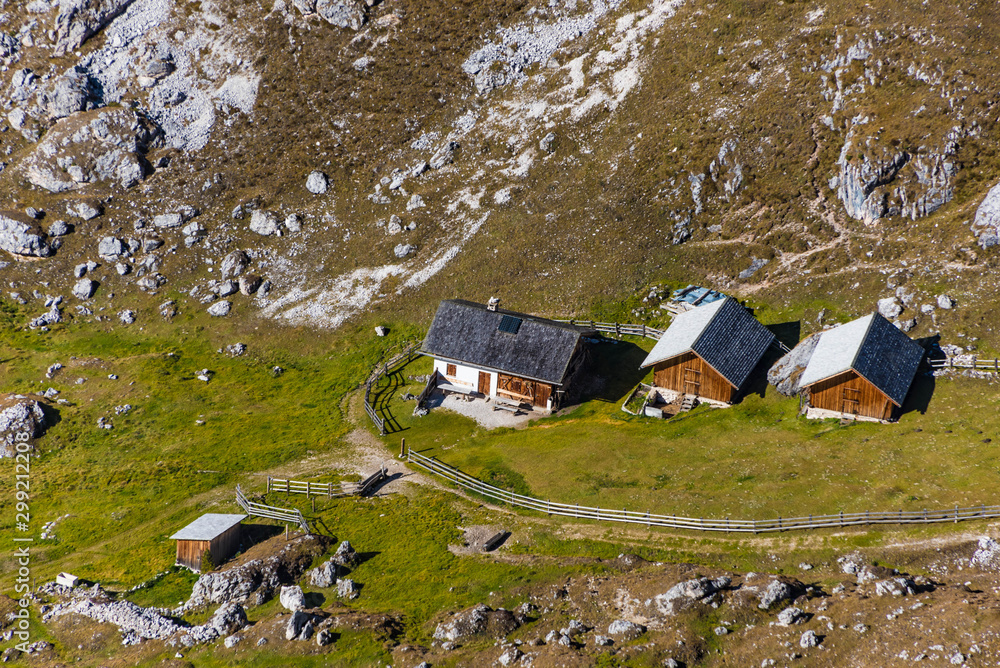 alpine pasture kaseril, huts in the mountains, dolomite alps, south tyrol