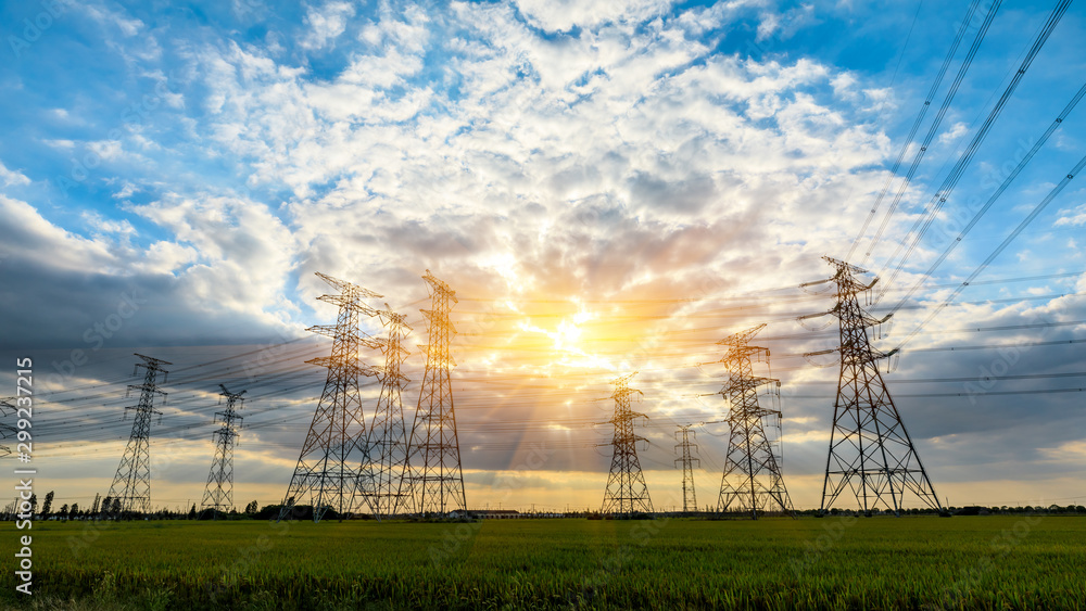 High voltage post,high voltage tower sky sunset landscape,industrial background.