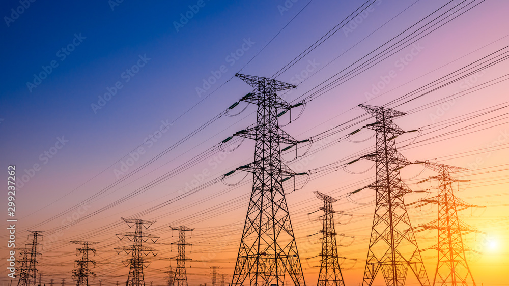 High voltage electricity tower sky sunset landscape,industrial background.