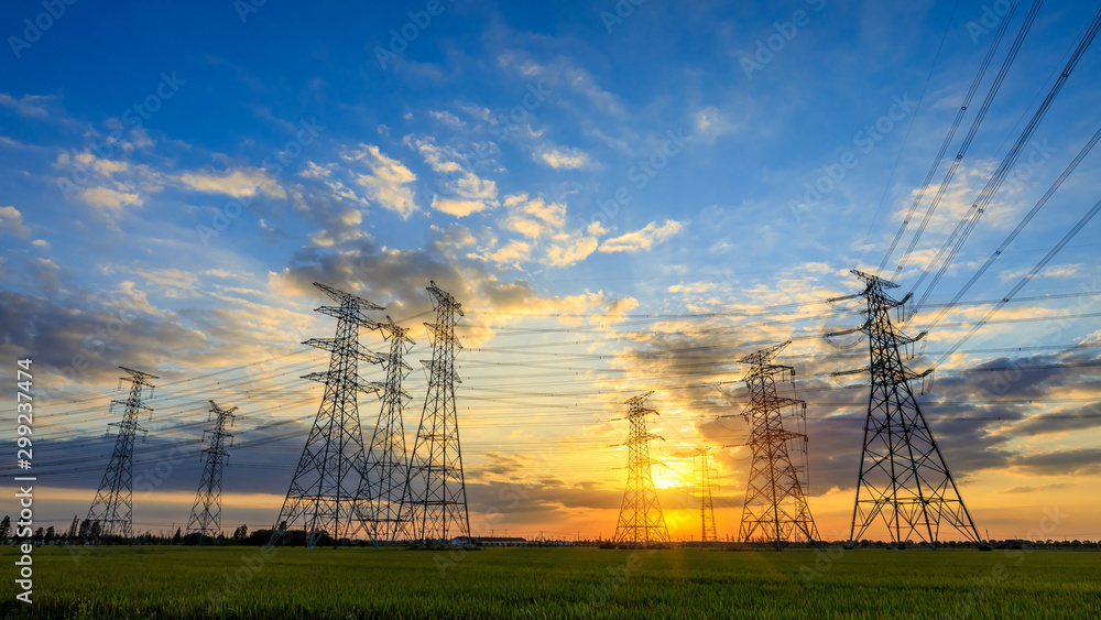 High voltage post,high voltage tower sky sunset landscape,industrial background.