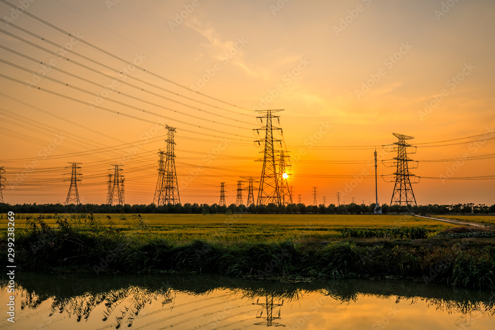 High voltage post,high voltage tower sky sunset landscape,industrial background.