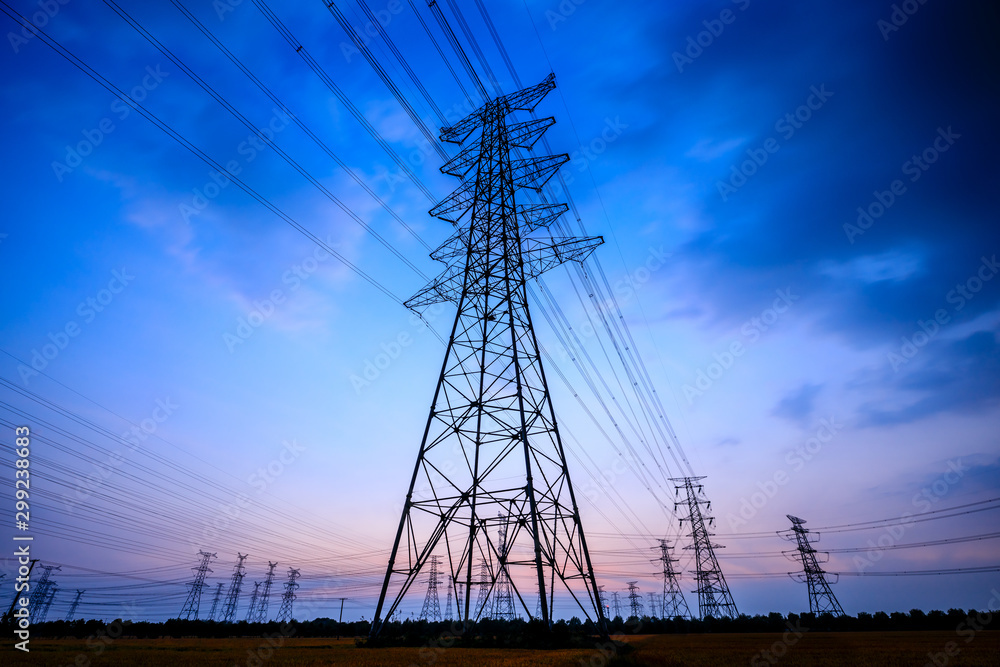 High voltage electricity tower sky sunset landscape,industrial background.