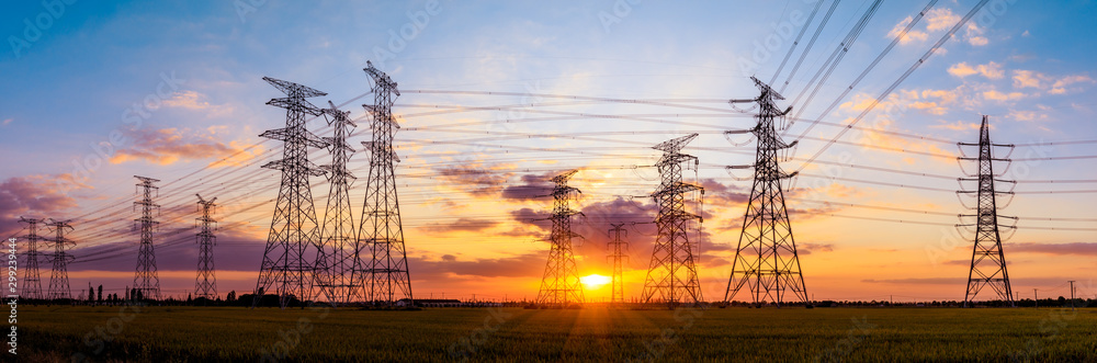 High voltage electricity tower sky sunset landscape,industrial background.