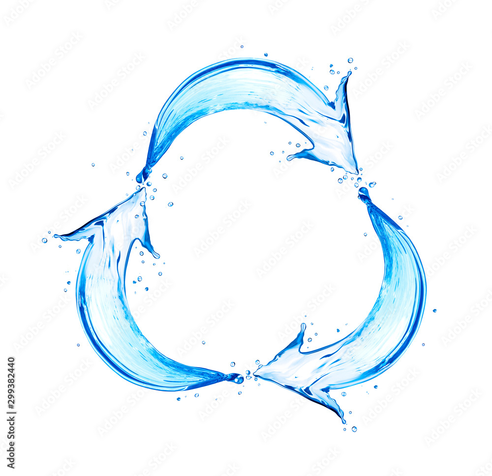 Curved arrows made of water splashes in a circular motion, isolated on a white background