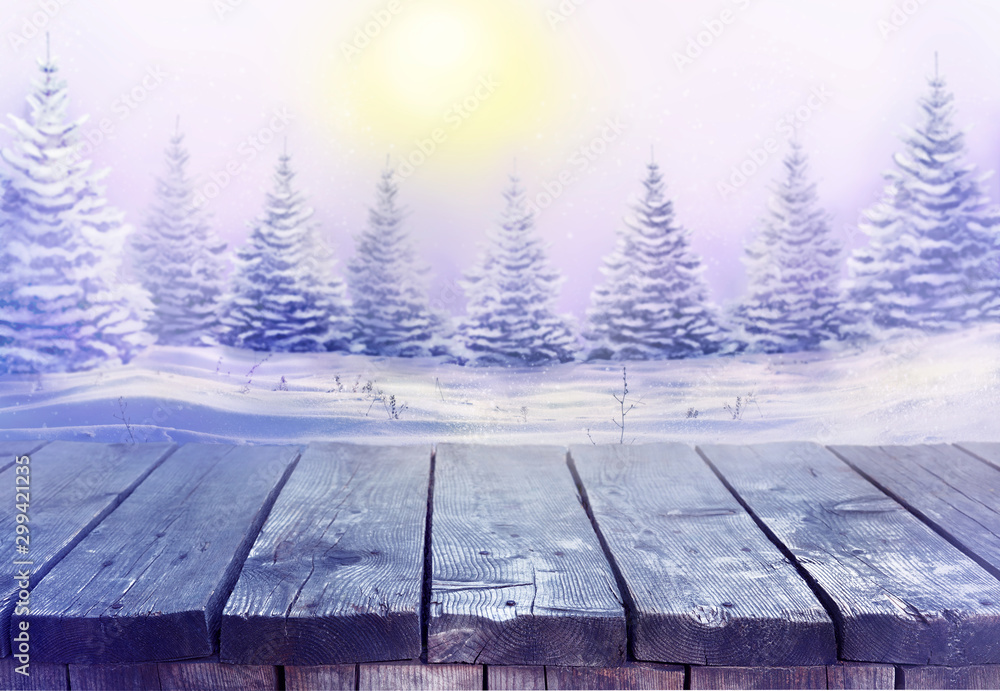 Beautiful festive Christmas snowy background with wooden table. Morning winter landscape with snowy 