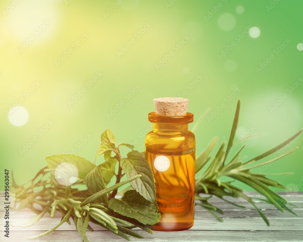 Oil bottle and green herbs on green background