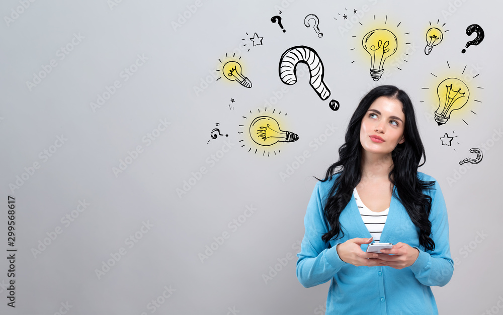 Question with light bulbs with thoughtful young woman holding a smartphone