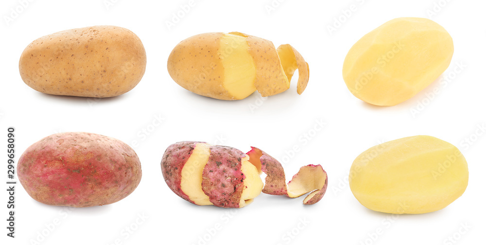 Collage with raw potatoes on white background