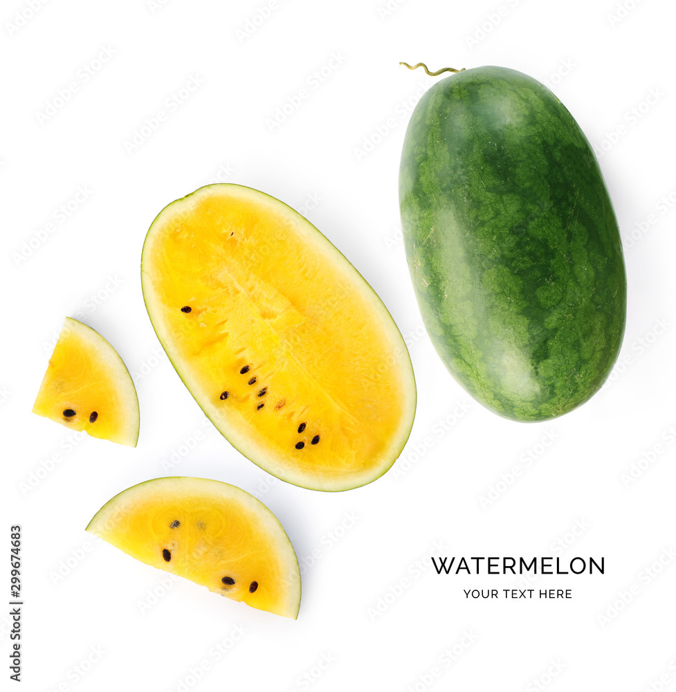 Creative layout made of pink and yellow watermelon on white background. Flat lay. Food concept. Macr