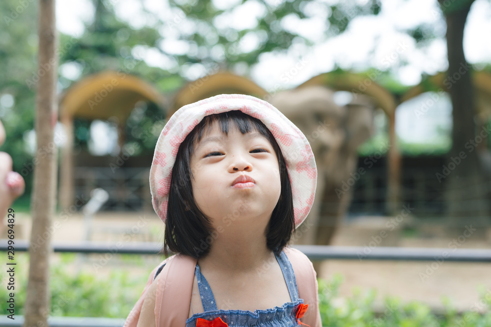 Cute little girl watching animals at the zoo on warm and sunny summer day. Children watching zoo ani