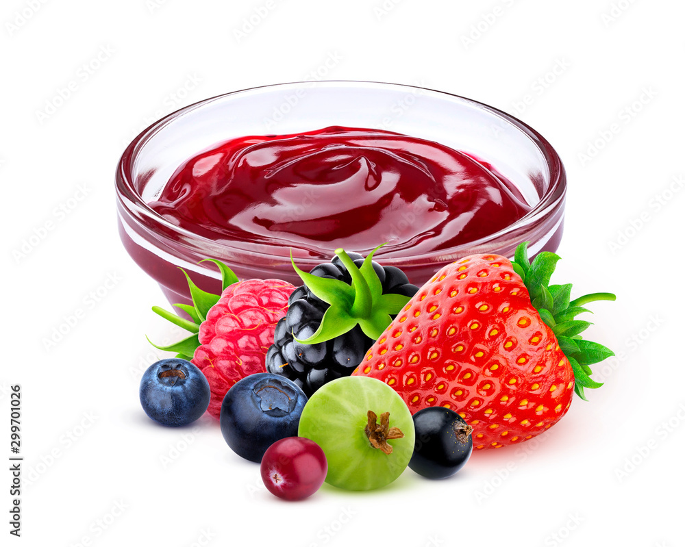 Berry jam isolated on white background with clipping path, set of wild berries