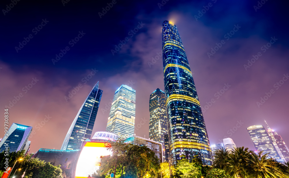 Night view of modern buildings in Guangzhou City Square..