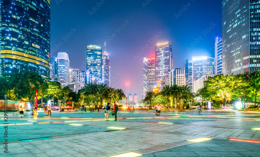 Night view of modern buildings in Guangzhou City Square..