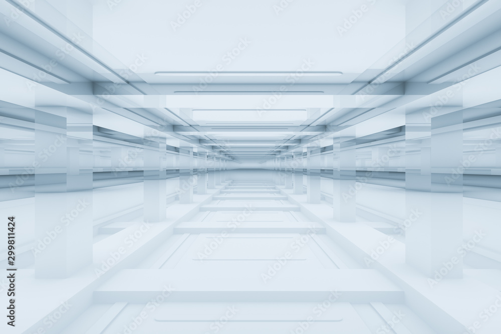 Empty bright room with glowing lines, 3d rendering.