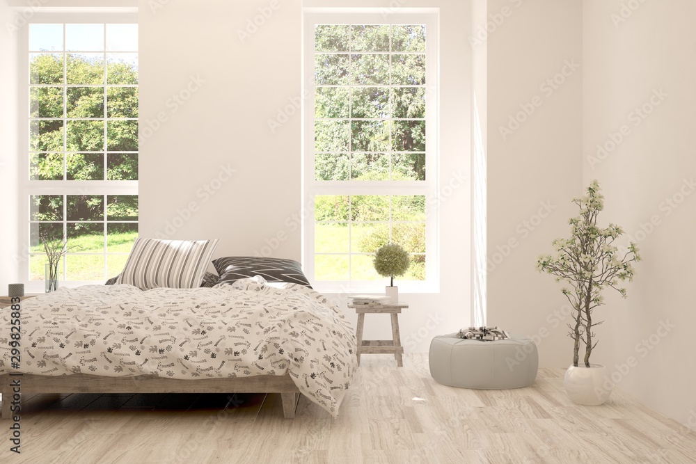 Stylish bedroom in white color with smmer landscape in window. Scandinavian interior design. 3D illu