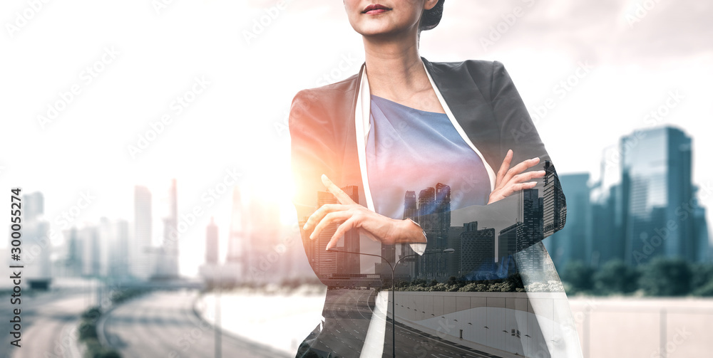 Double Exposure Image of Business Person on modern city background. Future business and communicatio