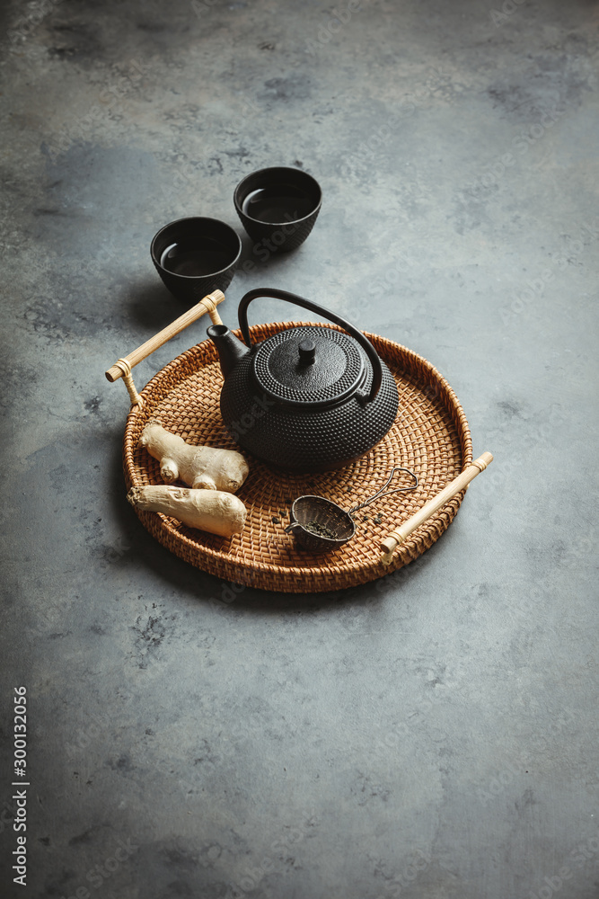 Traditional Asian tea ceremony arrangement, top view