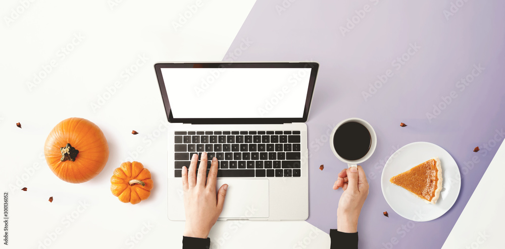 Person using a laptop computer with pumpkins - overhead view