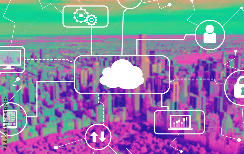 Cloud computing with aerial view of central park and midtown Manhattan