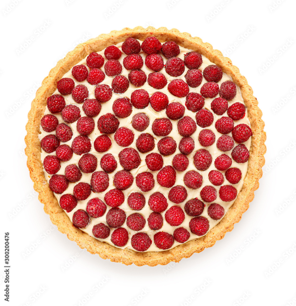 Tasty raspberry pie on white background