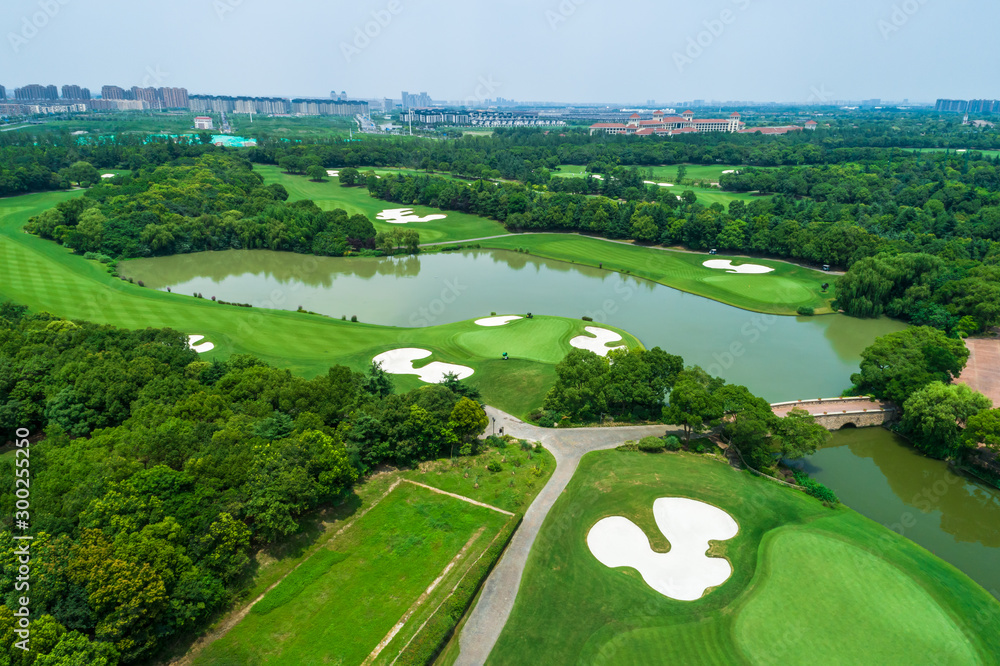 Aerial view of a beautiful green golf course.high angle view.