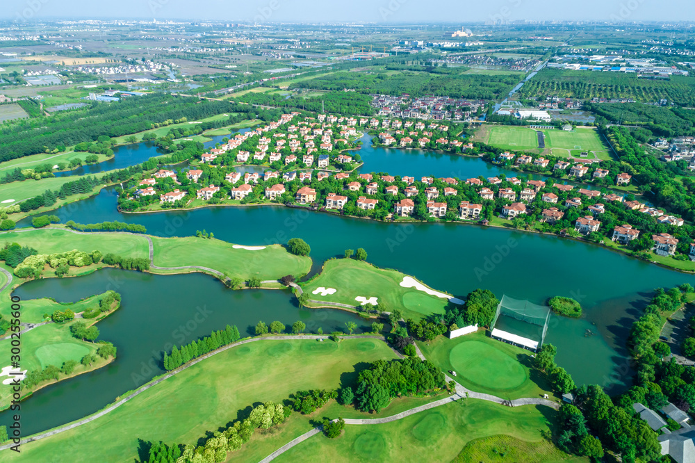 Aerial view of a beautiful green golf course.high angle view.