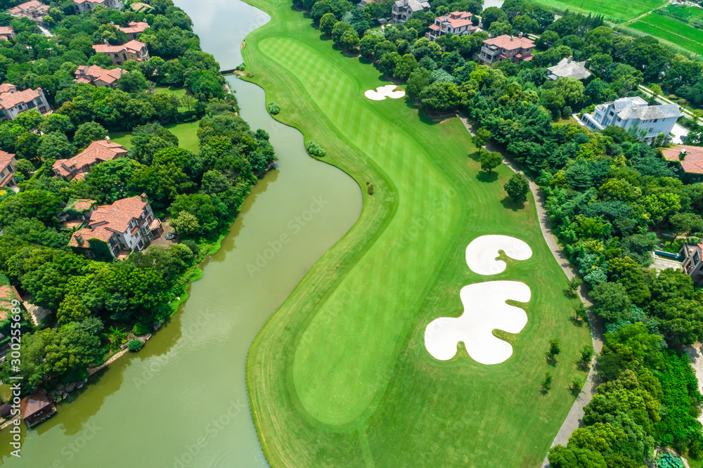 Aerial view of a beautiful green golf course.high angle view.