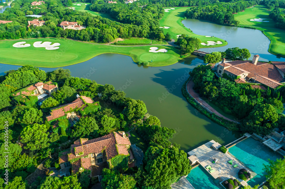 Aerial view of a beautiful green golf course.high angle view.