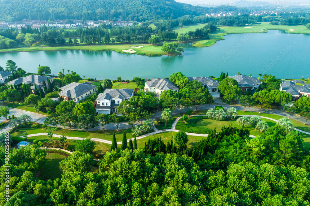 Aerial view of a beautiful green golf course.high angle view.