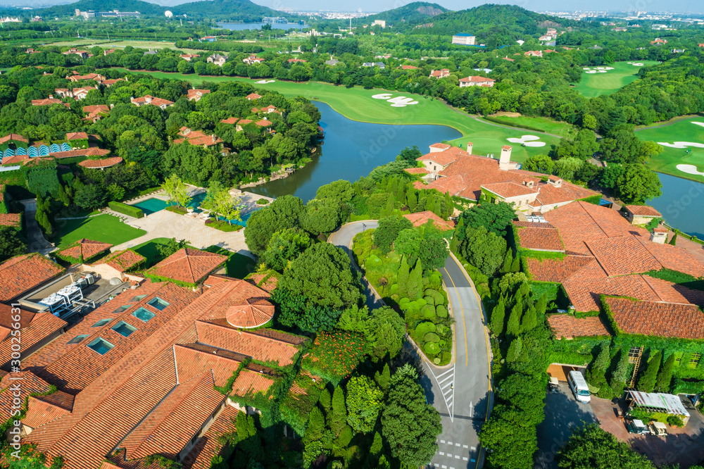 Aerial view of a beautiful green golf course.high angle view.